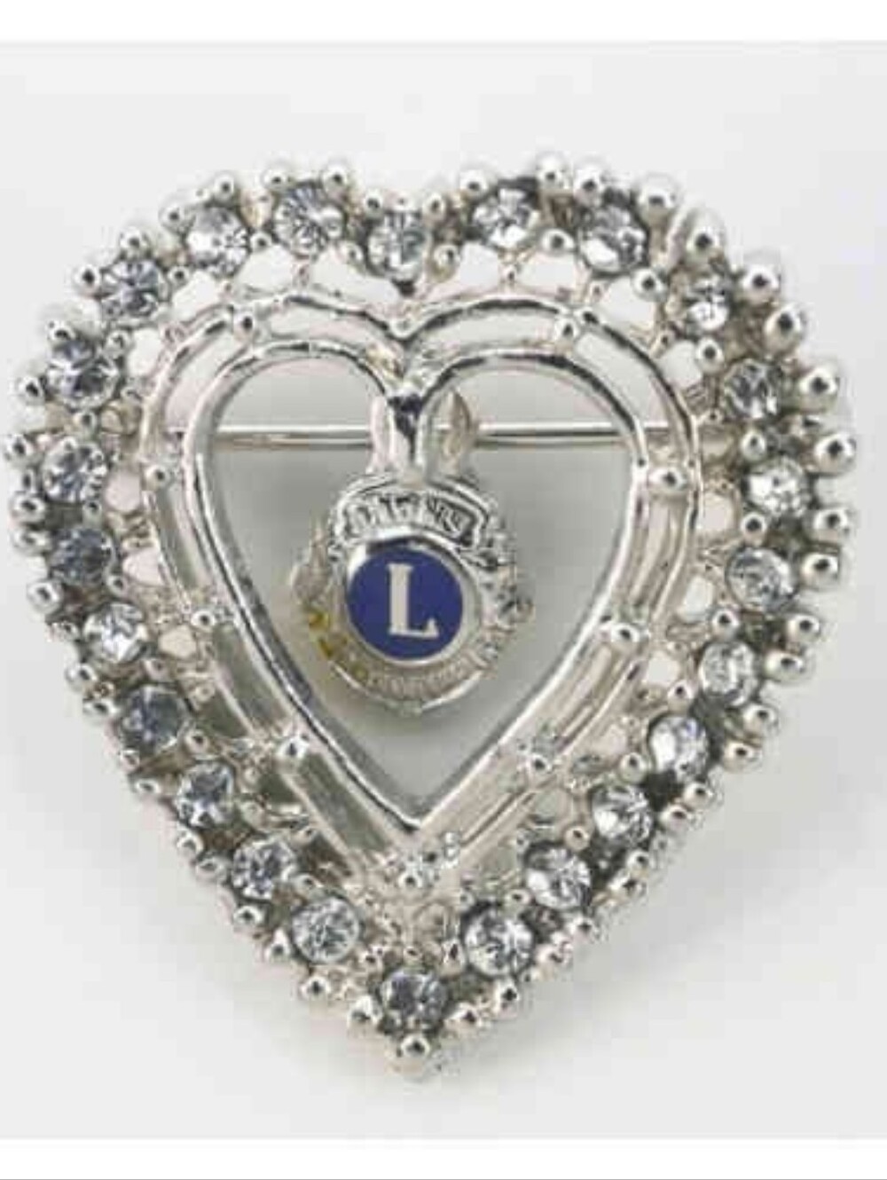Lions Club International Vintage Heart Shaped Clear Rhinestone Silver Tone Broch